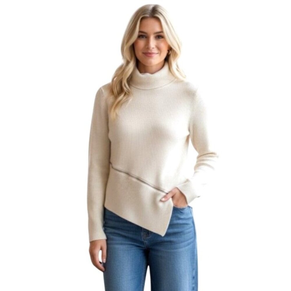 Asymmetrical Ribbed Turtleneck Side Zip Sweater XS Cream Knit Texture Neutral